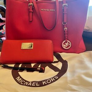 Michael Kors Orange Saffiano Tote with Matching Wallet